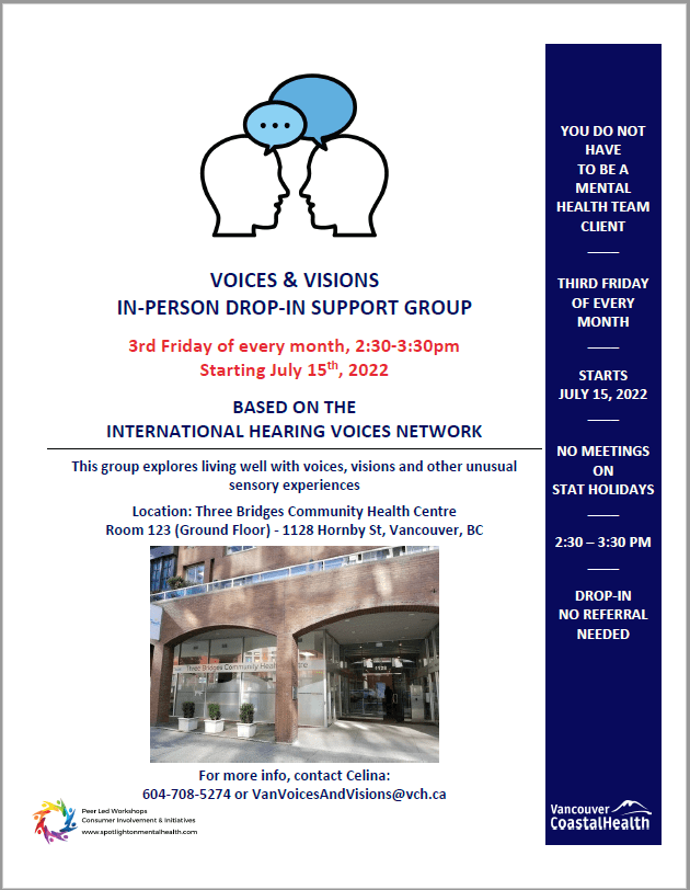 Flyer summarizing the information listed above for the Three Bridges Voices & Visions support group