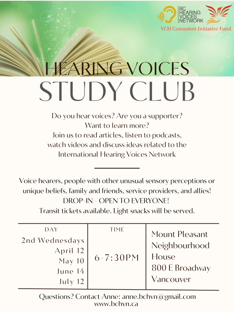 A poster for the Hearing Voices Study Club featuring a picture of a book with open pages. The information on the poster is available as text below.